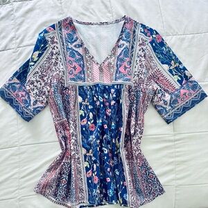 Source Unknown Fitted Peplum Blouse Blue and Pink